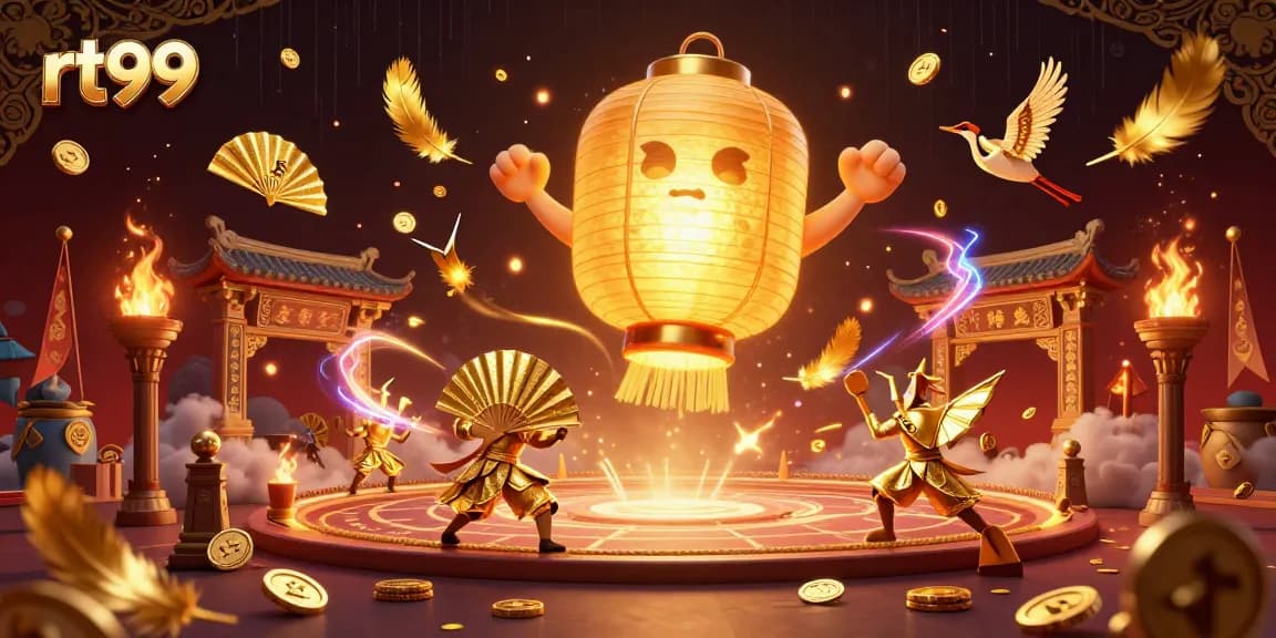 Experience excitement at rt99 with a dynamic casino scene featuring golden lantern spirits and gaming elements.
