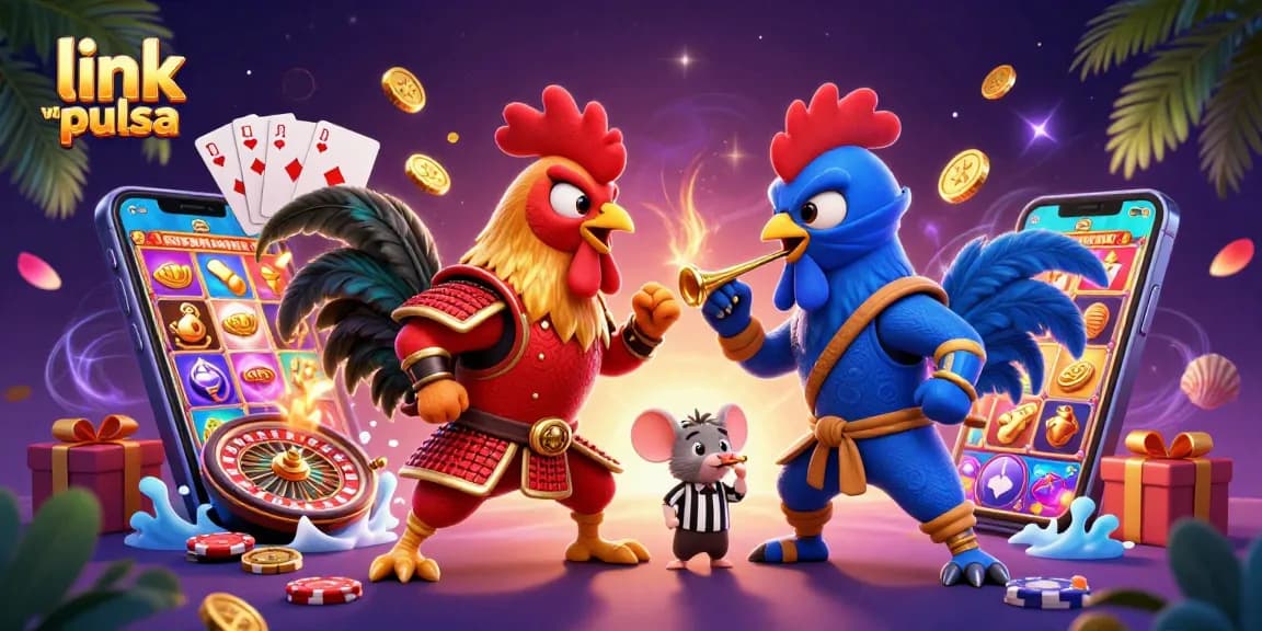 Engage in thrilling gaming with link via pulsa at Kembartogel featuring fighting roosters and casino elements.