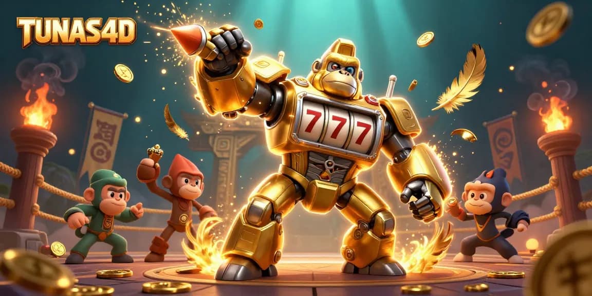 Experience the thrill of TUNAS4D with a powerful golden gorilla mech surrounded by vibrant casino elements.