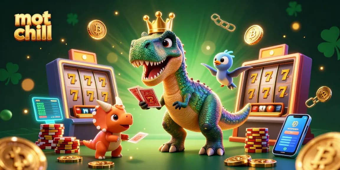 Experience the excitement of mot chill with friendly dinosaurs enjoying a vibrant casino atmosphere surrounded by golden chips and slot reels.