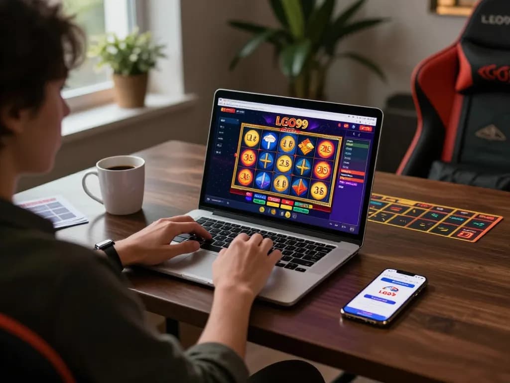 Pemain LGO99 menikmati permainan slot online di meja permainan yang nyaman dengan catatan strategi.
