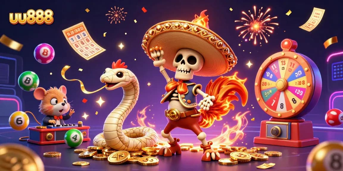 Join the fun at uu888 with an exciting victory dance among golden coins and lottery elements.
