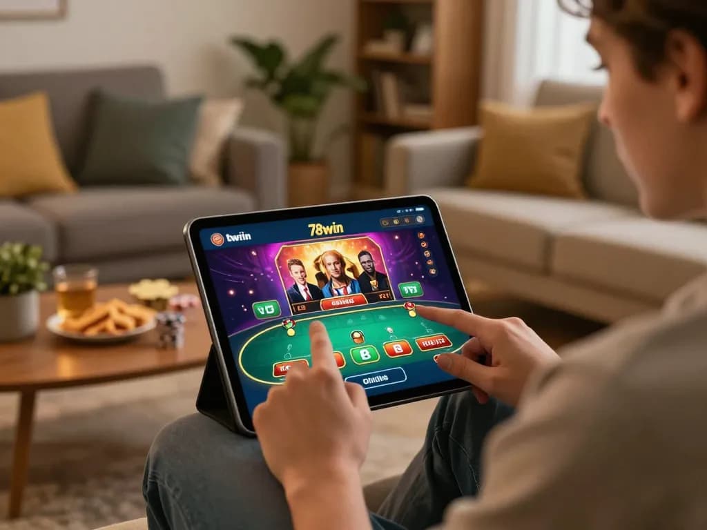 Engaging with 78win app during online poker in a cozy home setting.