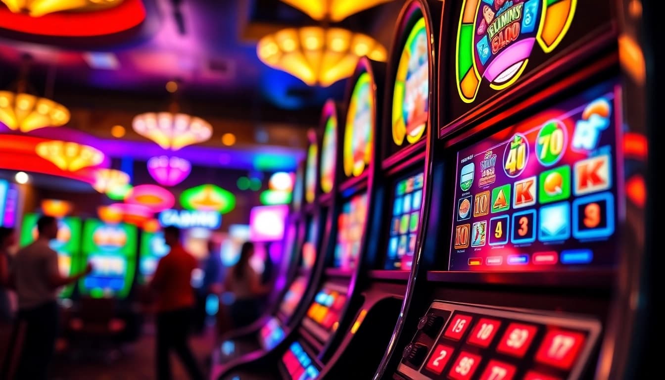 Menang besar di slot mesin kasino dengan lampu berkilauan dan pemain yang antusias.