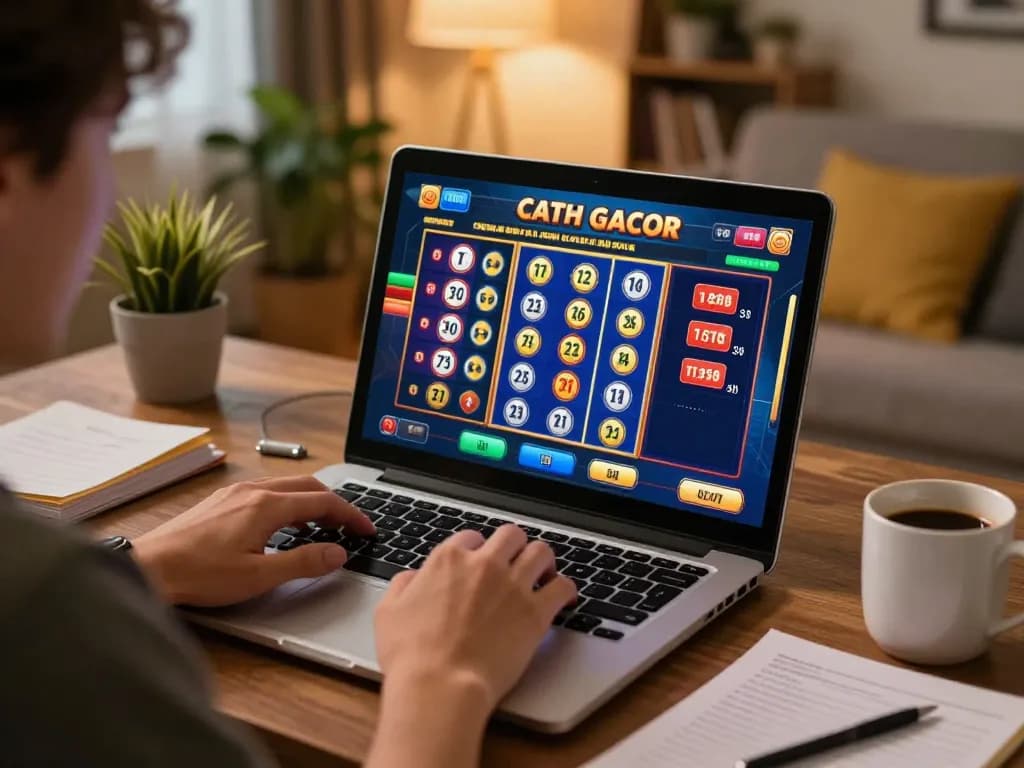 Engaging player enjoying toto slot gacor game on a laptop in a cozy home setting.