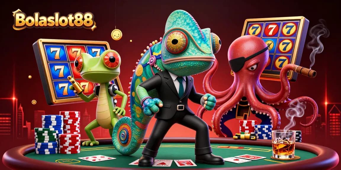 Bolaslot88 offers an engaging gaming experience with a vibrant casino scene filled with animated characters and gambling elements.