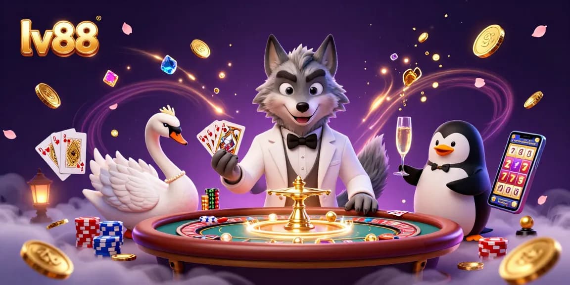 Experience thrilling gaming at lv88 with a luxurious 3D casino scene showcasing classic games.