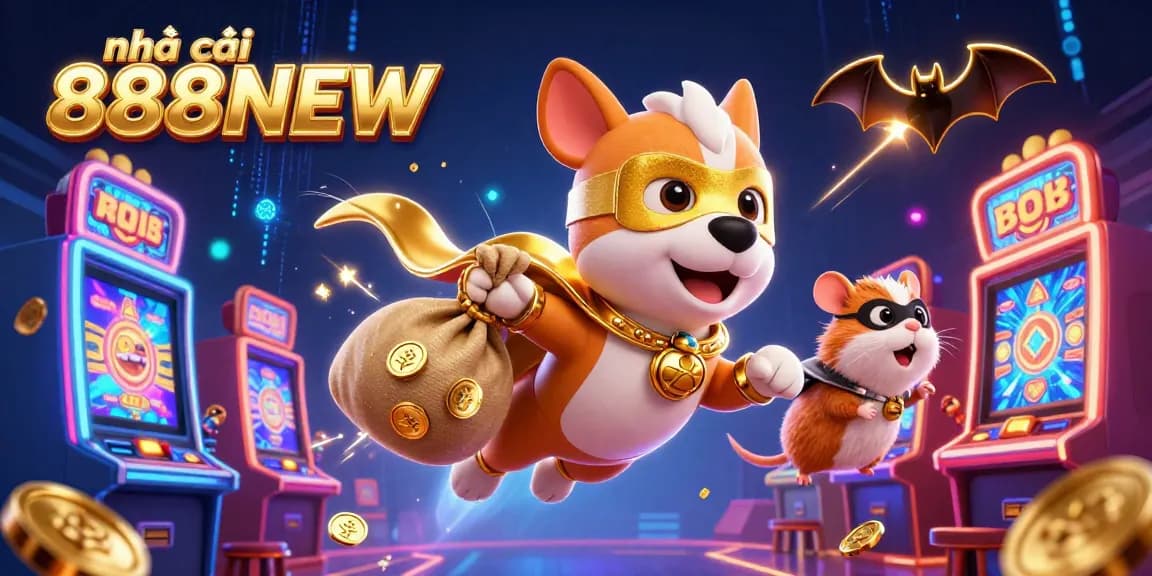 Experience excitement at nhà cái 888NEW with vibrant 3D casino illustration and superhero action.
