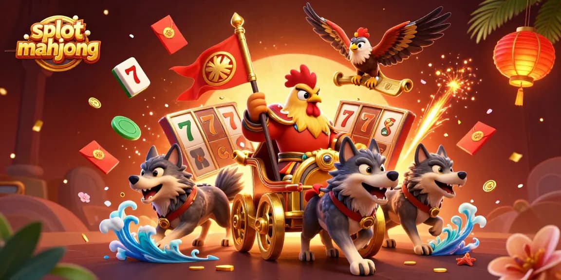 Slot mahjong menampilkan karakter ayam jantan berkendara chariot emas di kasino, penuh warna dan detail.