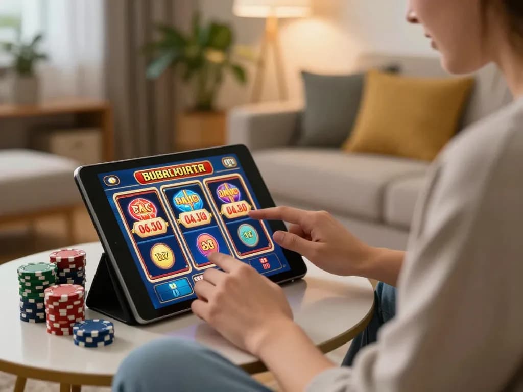 Terlibat dalam permainan slot online yang mendebarkan dengan aplikasi ONDEL4D di tablet dalam suasana rumah yang nyaman