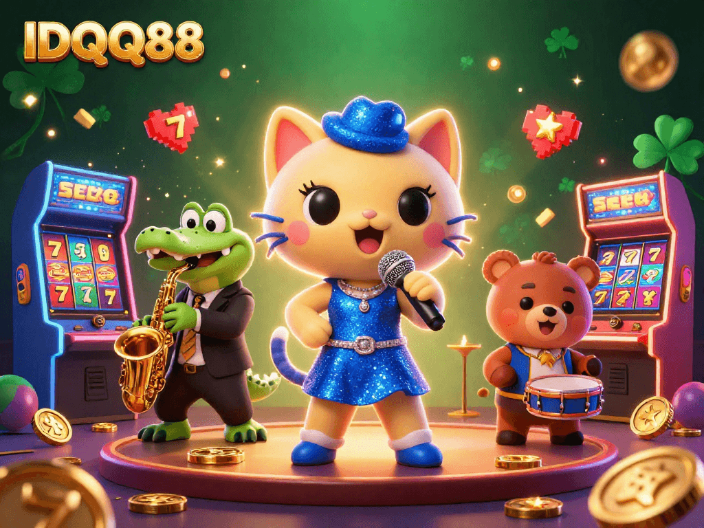 Experience the excitement of IDQQ88 with vibrant casino characters and engaging slot machines!