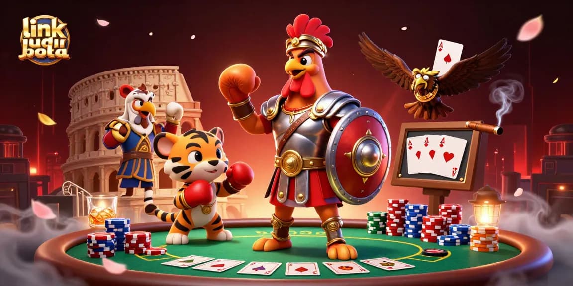 Bermain link judi bola dengan simbol-simbol kasino di arena yang megah dan karakter 3D.