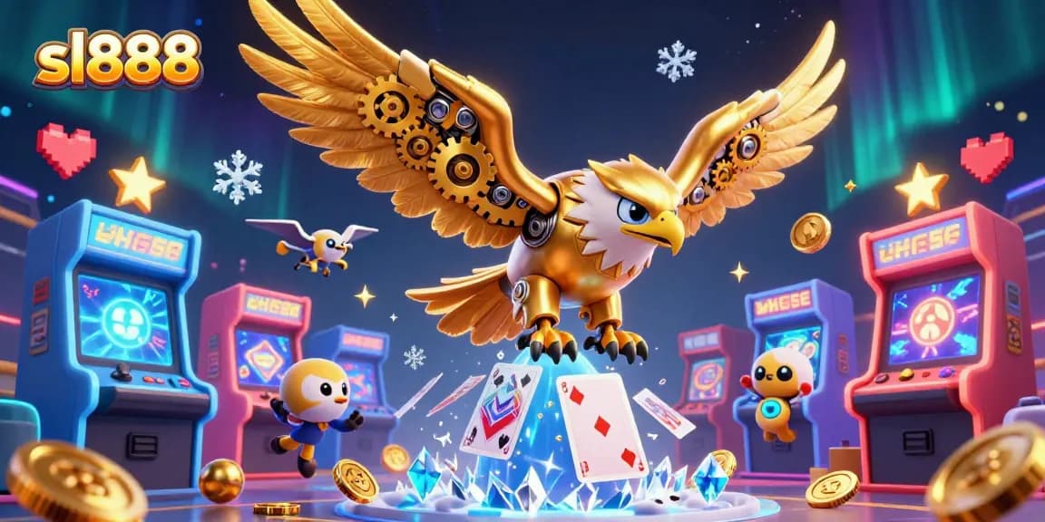 Experience the excitement of sl888 with a vibrant scene of a golden eagle amidst gaming elements and holographic cards.