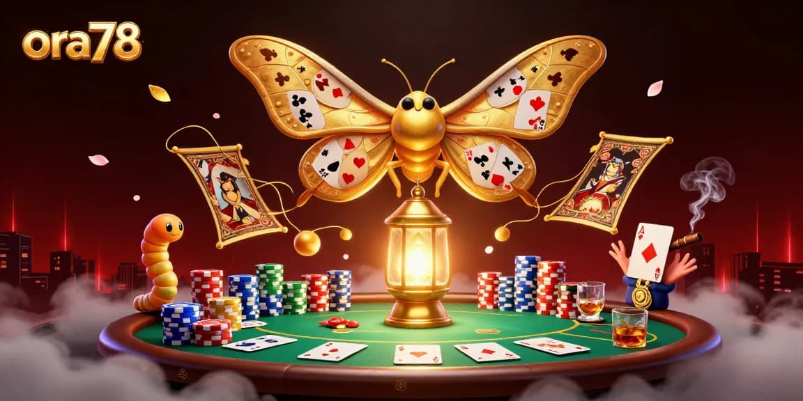 ora78 menyuguhkan suasana mewah dengan kartu poker dan motif kasino mengelilingi karakter menarik.