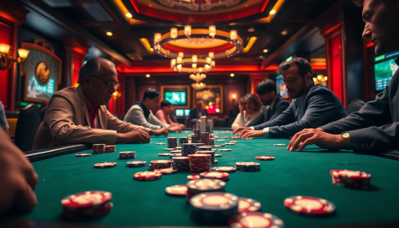 Menggambarkan Arus Hoki saat bermain poker dengan suasana kasino yang glamour.