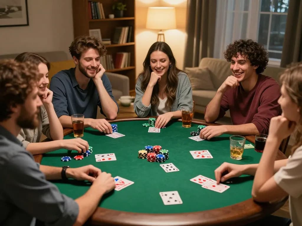 Friends gather for a lively home poker night at KJC, showcasing camaraderie and strategic gameplay.