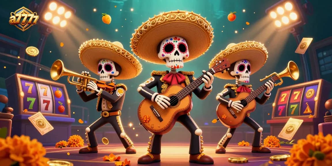 Experience the winning thrills with a7777's vibrant casino-themed illustration showcasing mariachi musicians.