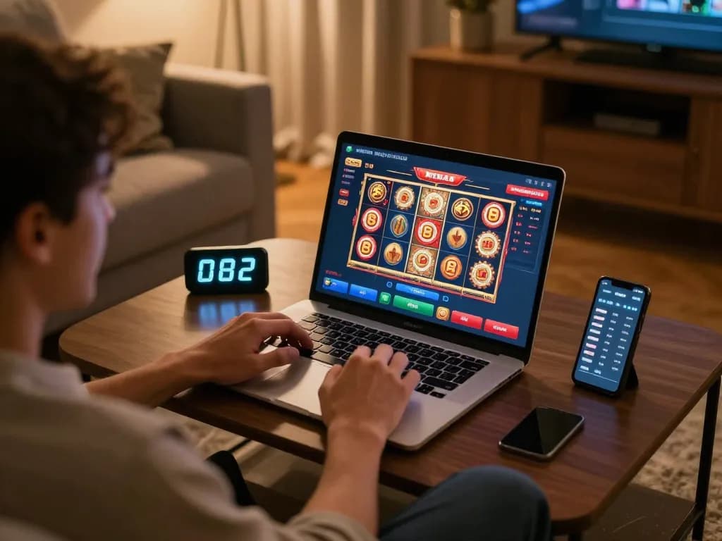 Pemain memutar gulungan mega slot di aplikasi seluler sambil melacak bankroll di lingkungan rumah yang nyaman
