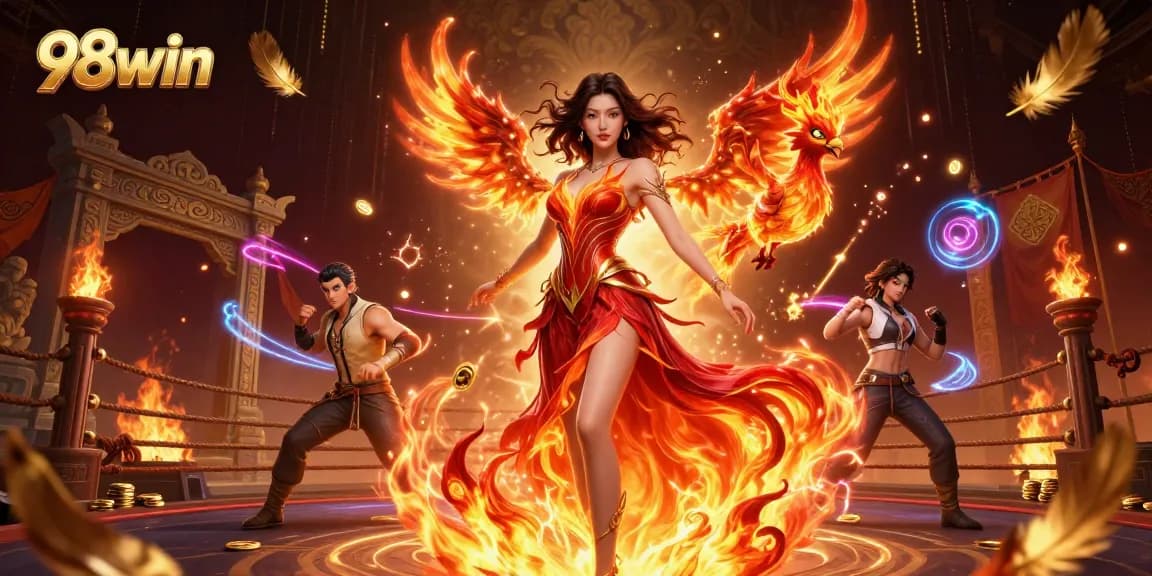Engage with vibrant 98win casino adventures featuring an Asian fire-themed character and phoenix.