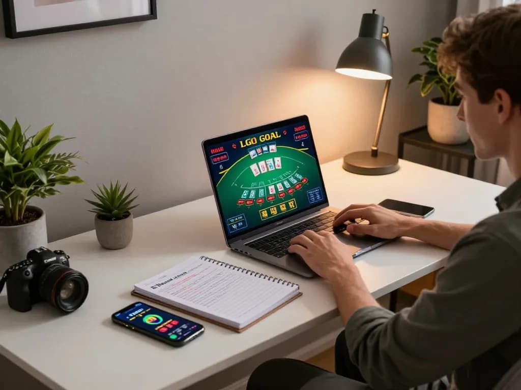 LGO GOAL online casino gaming setup featuring a live dealer blackjack game on laptop, with strategic notes visible.