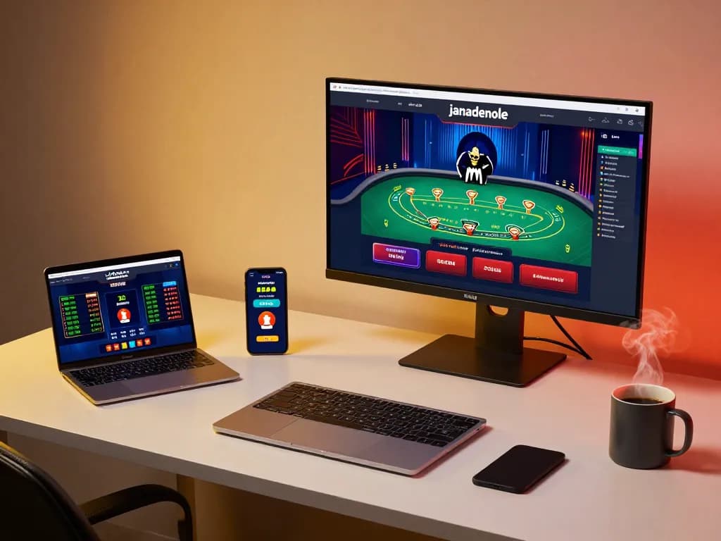 Experience thrilling gameplay at janadenole with a dynamic online gaming setup, showcasing a laptop and smartphone.