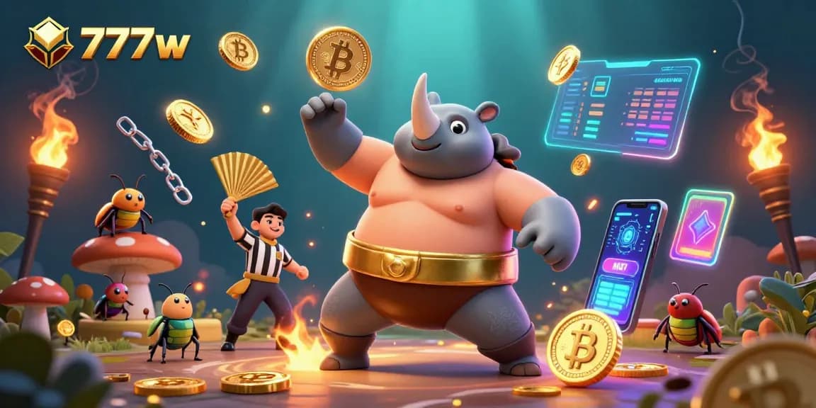 Experience thrilling action with 7777w as cartoon beetles battle under neon lights and gold coins.
