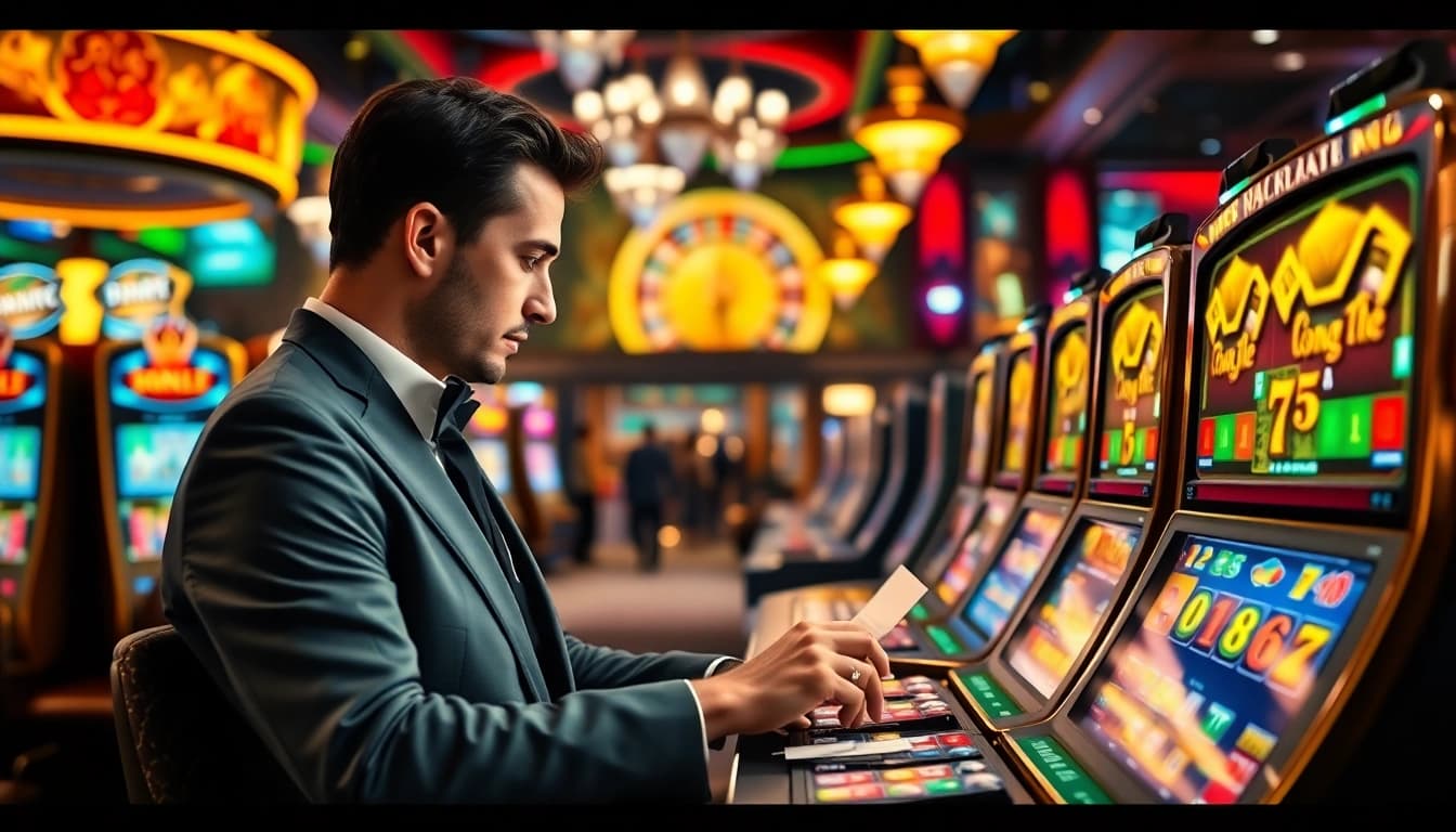Engaged player celebrating jackpots on idnslot slot machines in a vibrant casino.