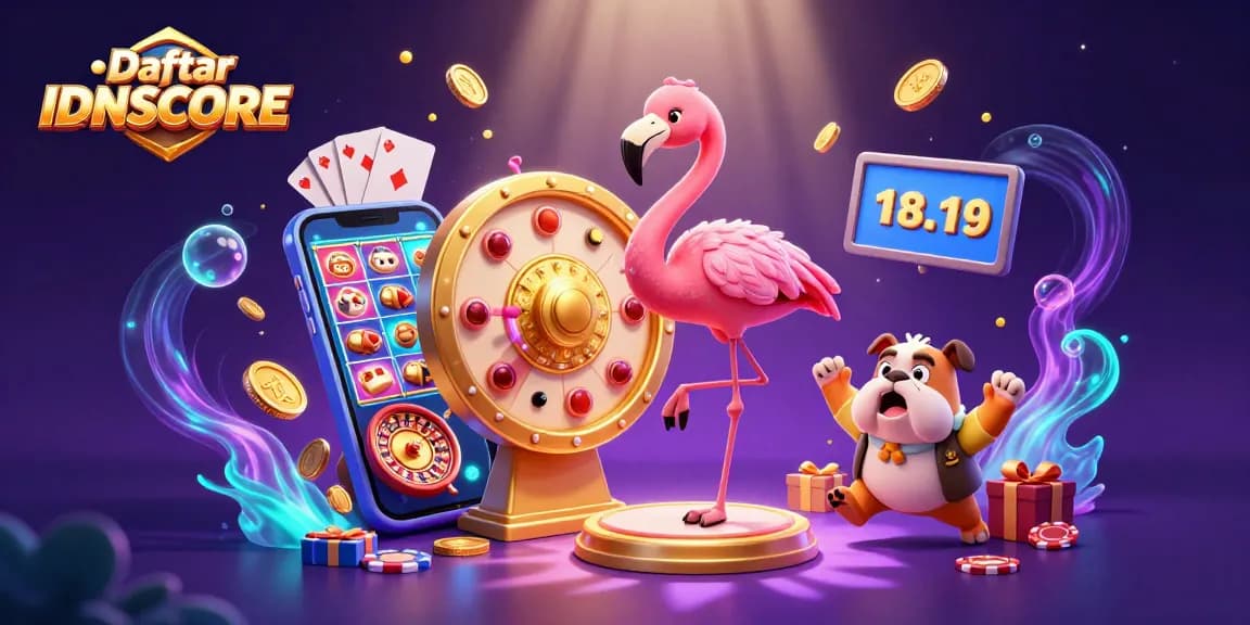 Daftar IDNSCORE showcases a lively 3D casino scene with a game show host and vibrant slot game elements.