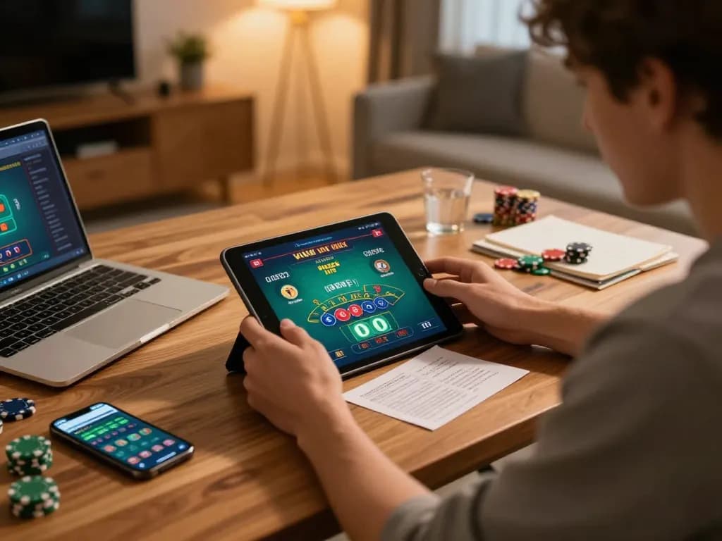 Playing togel singapore online at home with tablet, chips, and strategic notes.