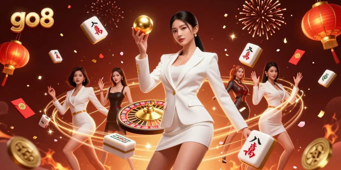 Join the excitement at go8 with a dynamic casino illustration featuring glamorous Asian woman and golden roulette ball.