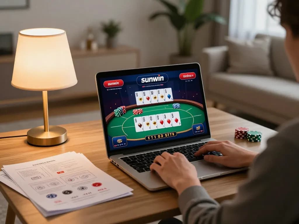 Player engaging in a sunwin casino game on laptop at home, showcasing poker strategy notes.