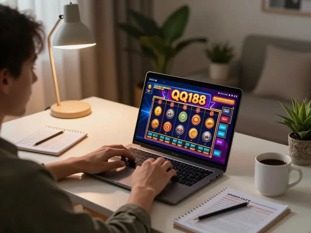 Memainkan QQ188 Slot di laptop modern di kantor rumah yang nyaman dengan pencahayaan hangat.