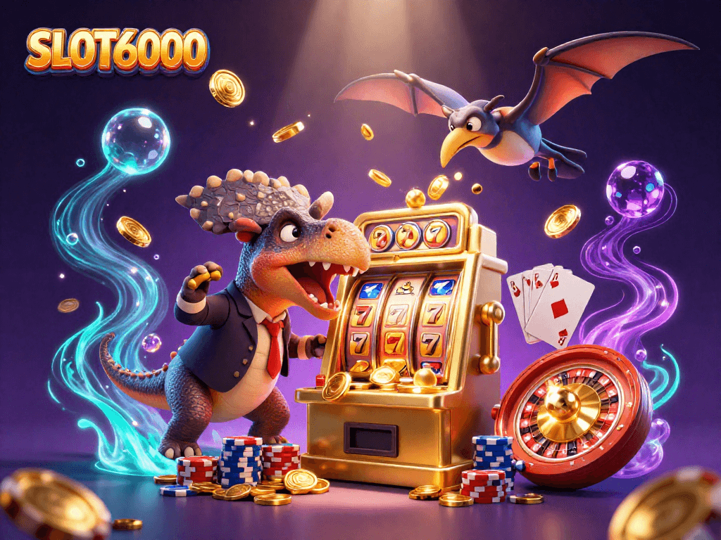 Gambaran SLOT6000 dengan dinosaur pachycephalosaurus yang menyerang mesin slot emas, memberikan jackpot koin