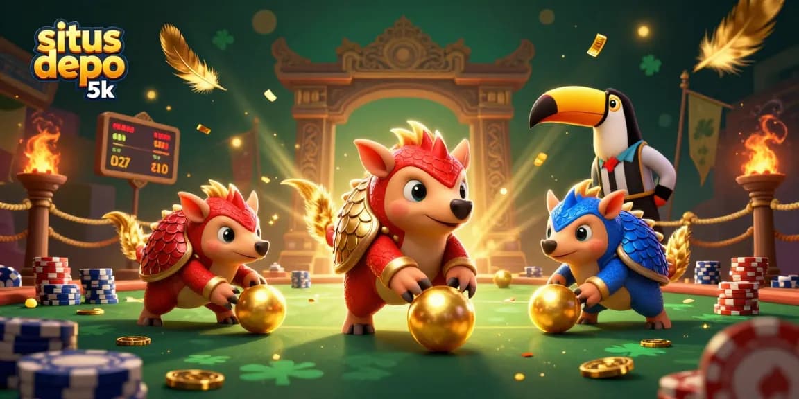 Experience thrilling gameplay at situs depo 5k with vibrant 3D pangolins competing amidst golden jackpots and festive atmosphere.