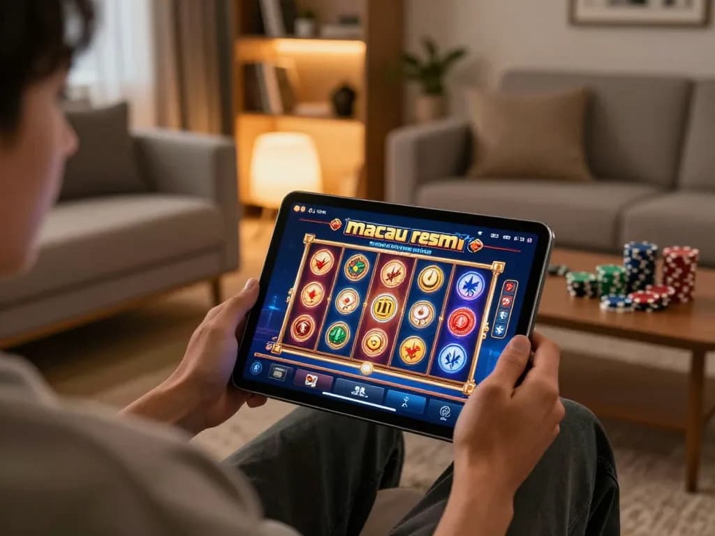 Engaged player enjoying slot macau resmi on tablet in cozy living room, emphasizing strategic online gaming.