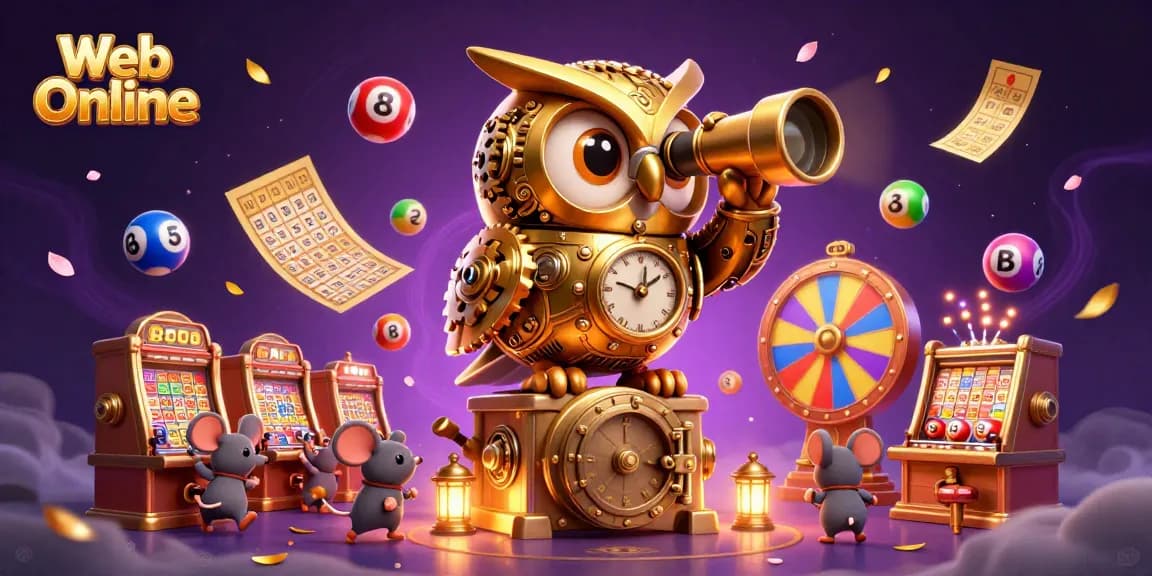 Experience the thrills of Web Online with a vibrant casino scene featuring a golden owl and lively gaming elements.