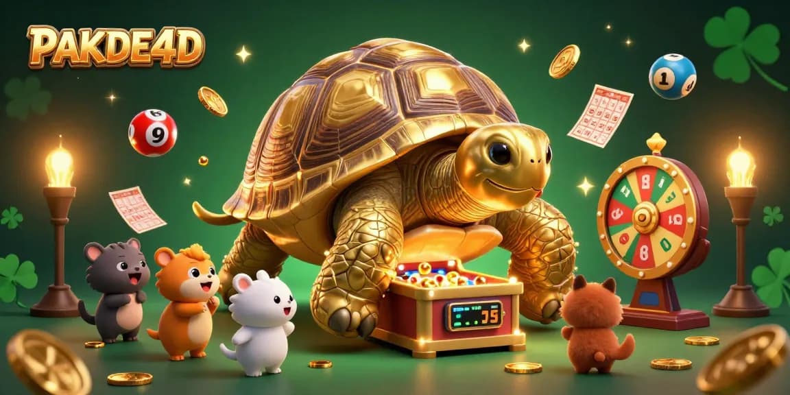 Engage with PAKDE4D as a vibrant illustration showcases a golden tortoise lottery pinball machine filled with excitement.