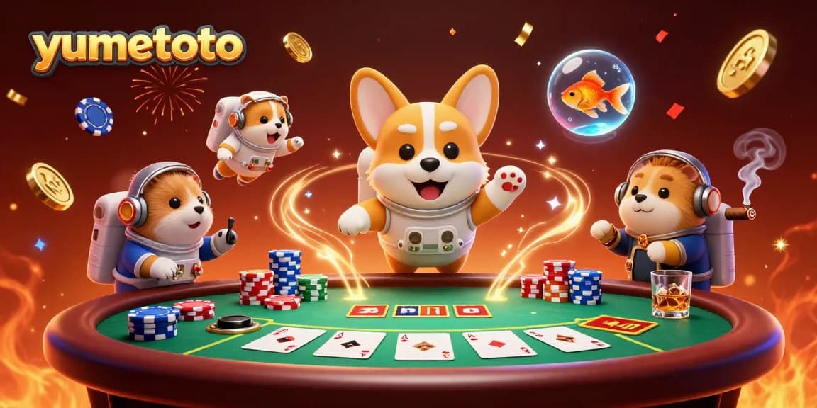 Explore yumetoto's thrilling casino scene with astro characters enjoying poker in a vibrant space.