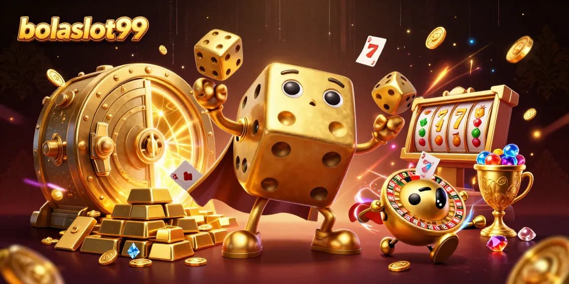 Bolaslot99 showcases a lively 3D casino scene with golden dice and treasure elements.