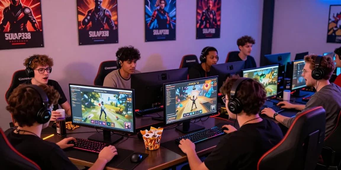 Pengalaman bermain seru di SULAP 338 dengan pemain berkumpul, perangkat gaming di sekeliling, suasana ruangan penuh semangat.