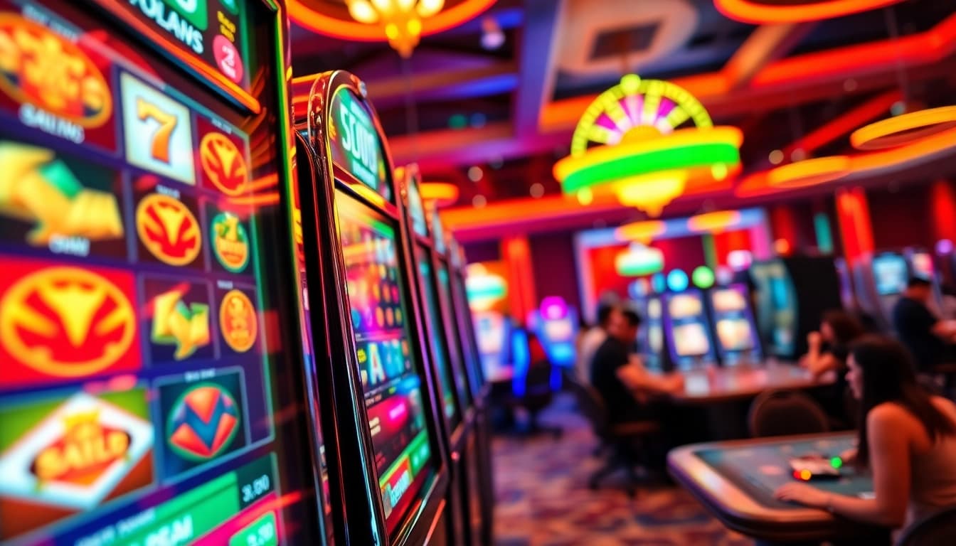 Putaran slot yang menarik di kasino yang cerah dengan mesin slot bersinar.