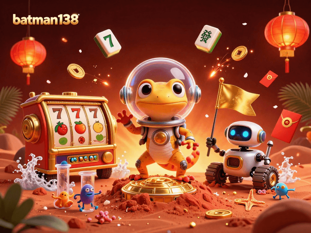 Join the excitement at batman138 with a vibrant illustration of a Martian gecko exploring a gold casino!