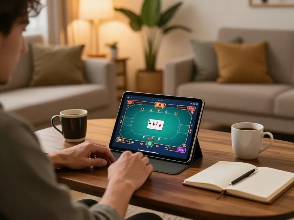 LGO GOAL player enjoying a strategic online poker game in a cozy home setting