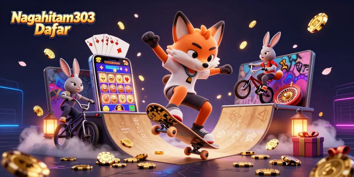 Nagahitam303 Daftar showcases thrilling action with a skateboarder fox and BMX rabbit in an explosive casino-themed scene.