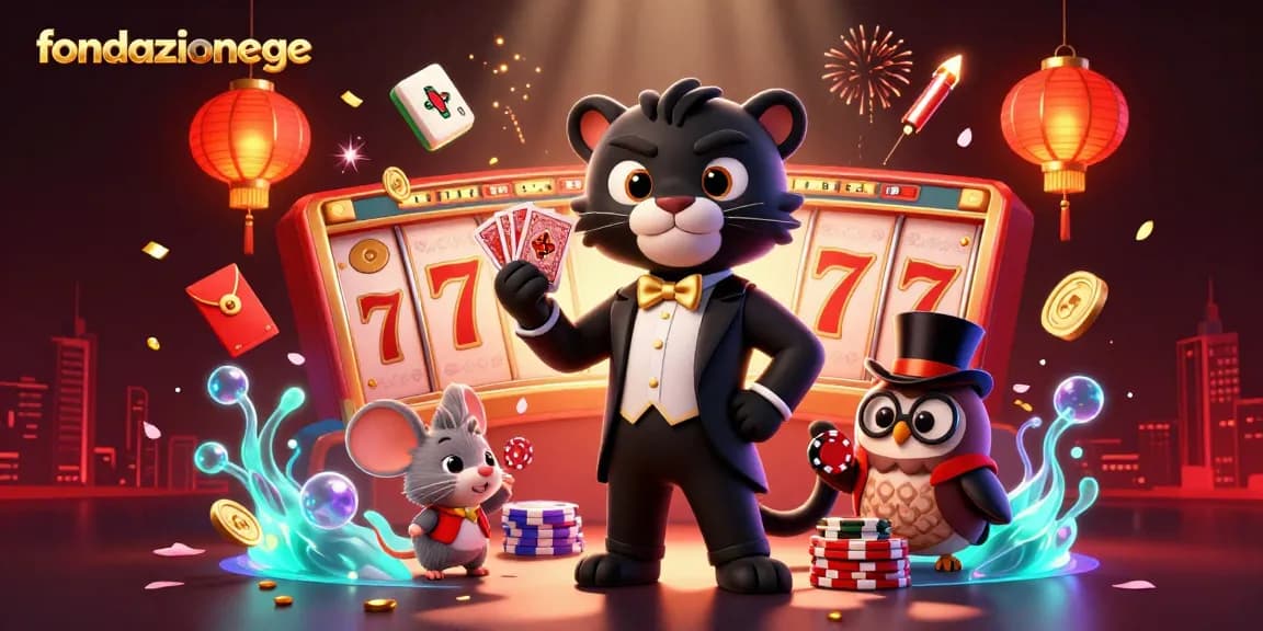 fondazionege showcases an exciting casino scene with elegant characters dealing cards and vibrant slot elements.