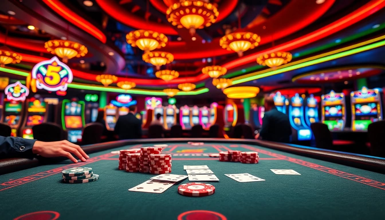 Arus Hoki menghadap meja poker mewah dengan suasana casino yang energik.