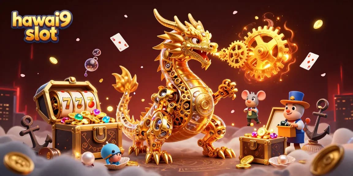 Engage with the hawai9 slot adventure in a vibrant, treasure-filled 3D illustration with unique casino elements.