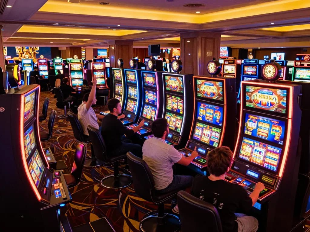 Players enjoying thrilling slot machines while considering DAFTAR IDNSCORE gaming options for higher wins