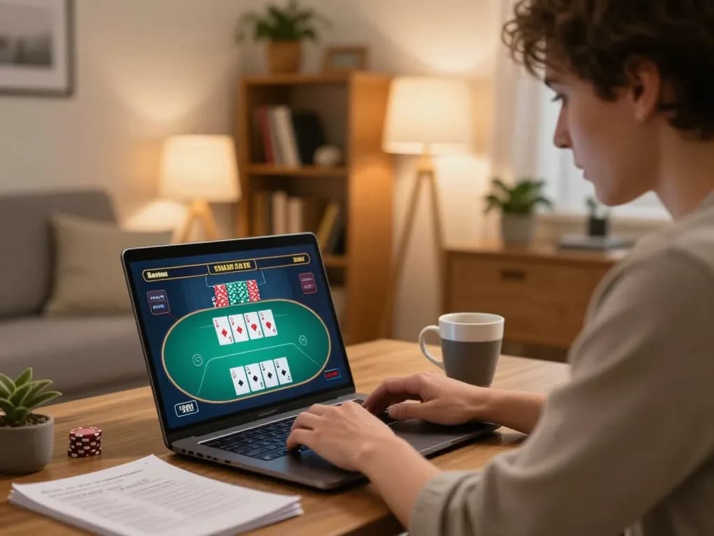 Engaged player analyzing poker strategies online at 78win home gaming setup.