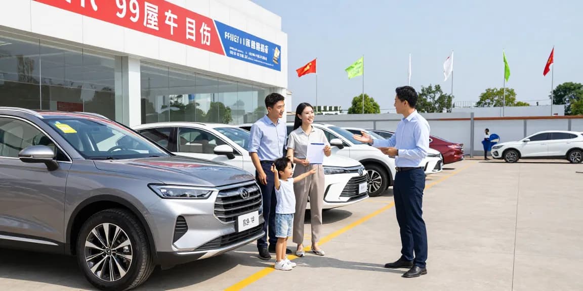 Perwakilan dealer menjelaskan semut 69 kepada pelanggan di lot mobil bekas.